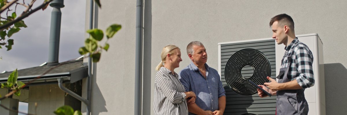 A technician uses a tablet to demonstrate heat pump features to a couple outdoors. A technician uses a tablet to demonstrate heat pump features to a couple outdoors.